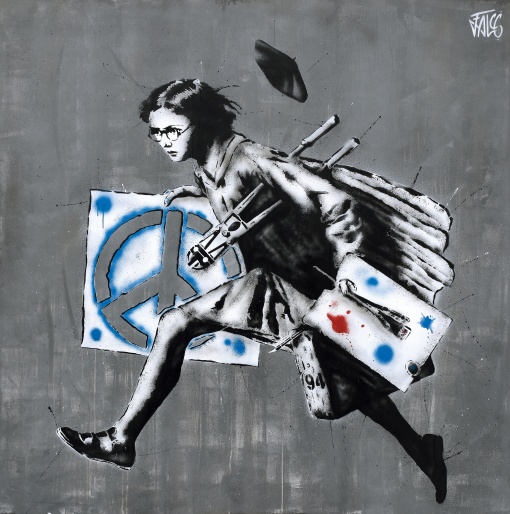 Girl Running with wet stencil