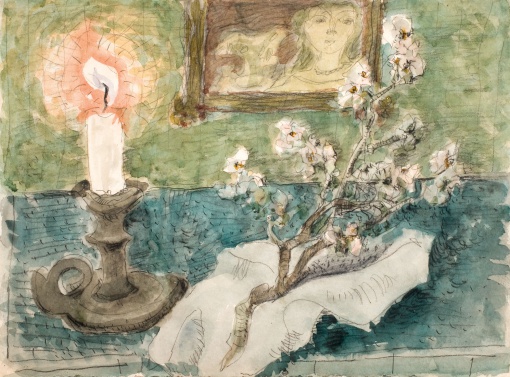 Zátiší se svíčkou a třešňovou větévkou