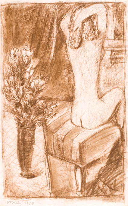 Akt na pruhovaném divanu