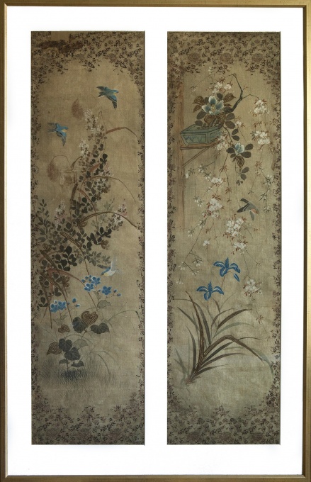 Paravan s námětem květin a ptáků (2 ks)