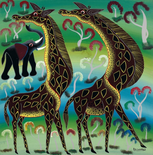 Žirafy a slon v buši