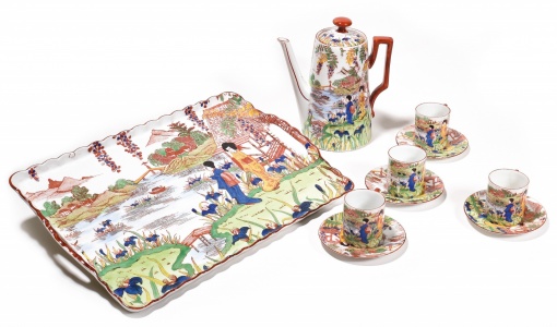 Čajová souprava, konvice, šálky a podšálky, tácek