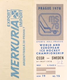Vstupenka MS v hokeji Praha, CSSR - SWEDEN
