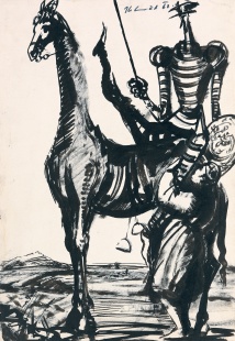 Sancho pomáhá Donu Quijote na koně